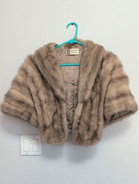 Joseph Magnin Taupe Fur Shrug Cape Jacketand Hat